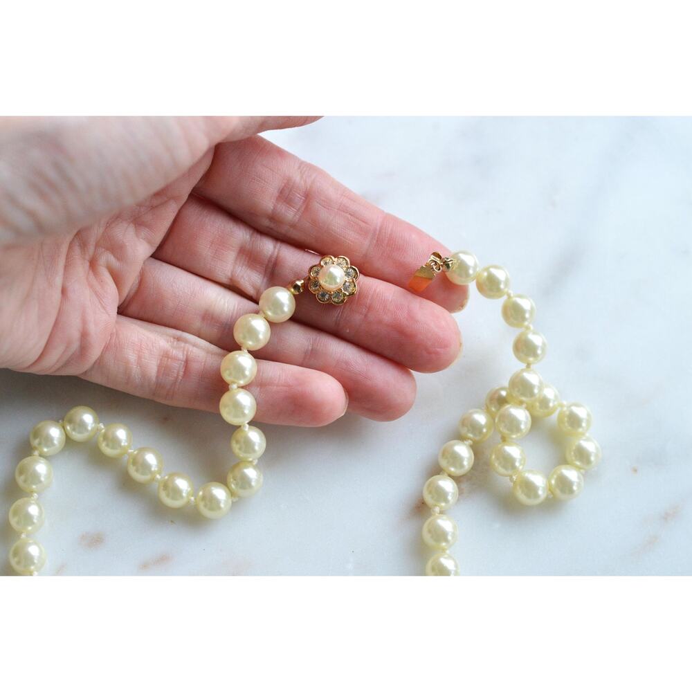 Vintage Faux Pearl Necklace 18", Cream Glass Pearl Strand, Ornate Mid Century
